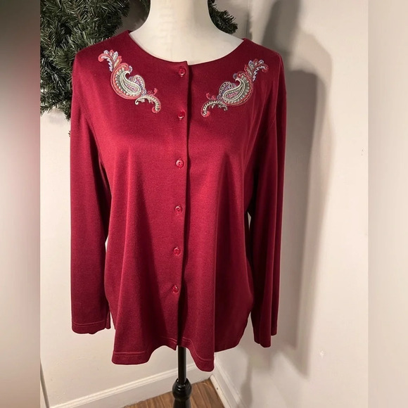 BonWorth, L,Long sleeve button front crew neck cranberry cardigan w/ embroidery - Picture 1 of 7